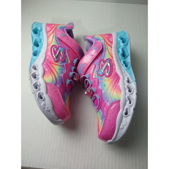 Skechers Heart&Lights Groovy Swirl Girls 3 New Hot Pink Lavender Sneakers Strap - Picture 7 of 12